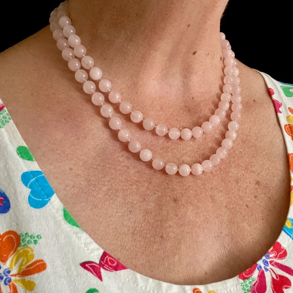 Vintage Rose Quartz Bead Hand Knotted Double Strand Necklace